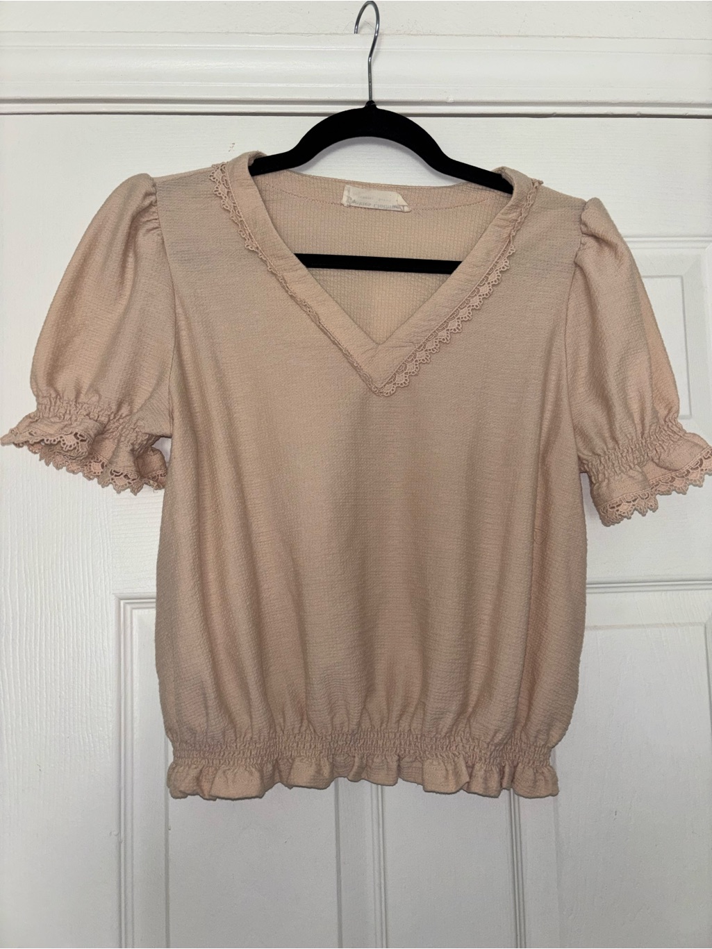 Puff-Sleeve V-Neck Blouse In Light Beige